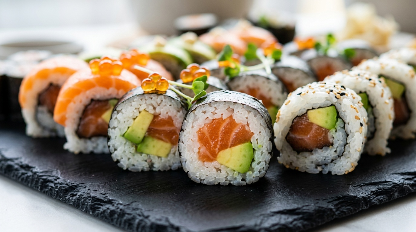 Assorted gourmet sushi rolls for sports event finger food