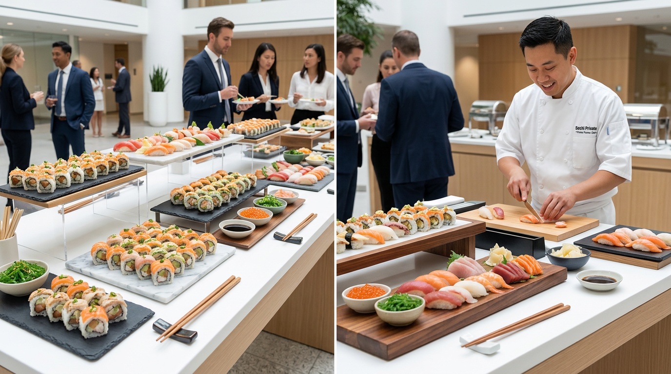 Elegant sushi catering setup for corporate events in Los Angeles Elegant sushi catering setup for corporate events in Los Angeles