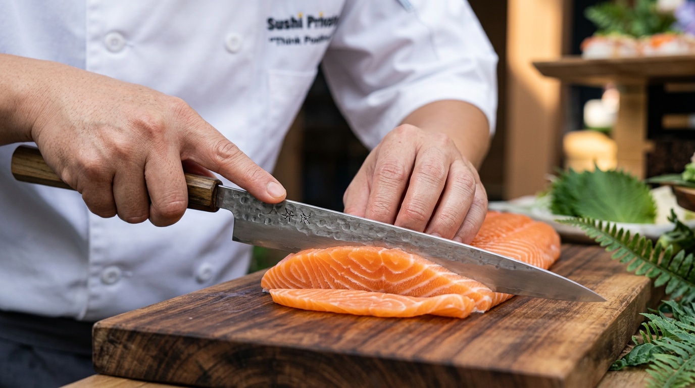 Professional sushi chef in Los Angeles preparing fresh sashimi for catering Professional sushi chef in Los Angeles preparing fresh sashimi for catering
